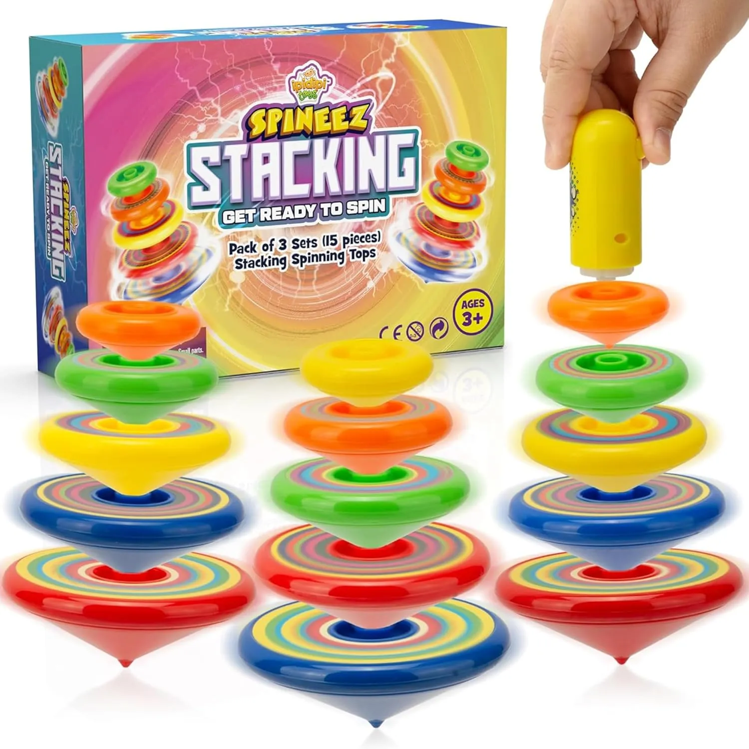 IPIDIPI TOYS Spineez Stacking Spinning Tops for Kids - Set of 3, 15 Pieces UFO Spinner Toys - Party Favors for Kids, Goodie Bags, School Prize Box, Birthday Goodie Bag Fillers