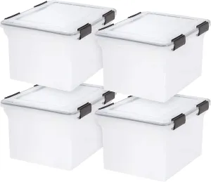 IRIS USA File Box WeatherPro File Organizer Plastic File Box for Letter/Legal File, Water Resistant Document Box, Durable Lid, Seal w/ Secure Latching Buckles, Stackable, Nestable, Clear 32 Qt. 4Pack