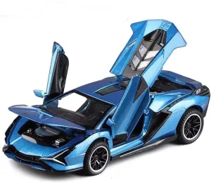 IYEAM Lambo Toy Car Sian FKP3 Die-Cast Car Model with Lights and Sound Pull Back Toy Car for Boys Age 3 4 5 6   Year Old (Blue)