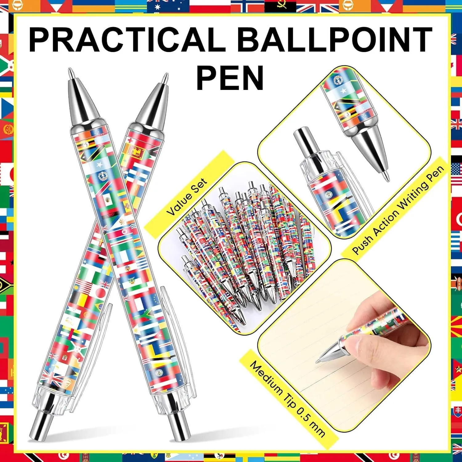Janlaugh 20 Pcs International Flag Pens World Ballpoint Retractable Country Flags Pens Bulk Multicultural Party Favors Decoration Gift for Sports Events Home Office Supplies