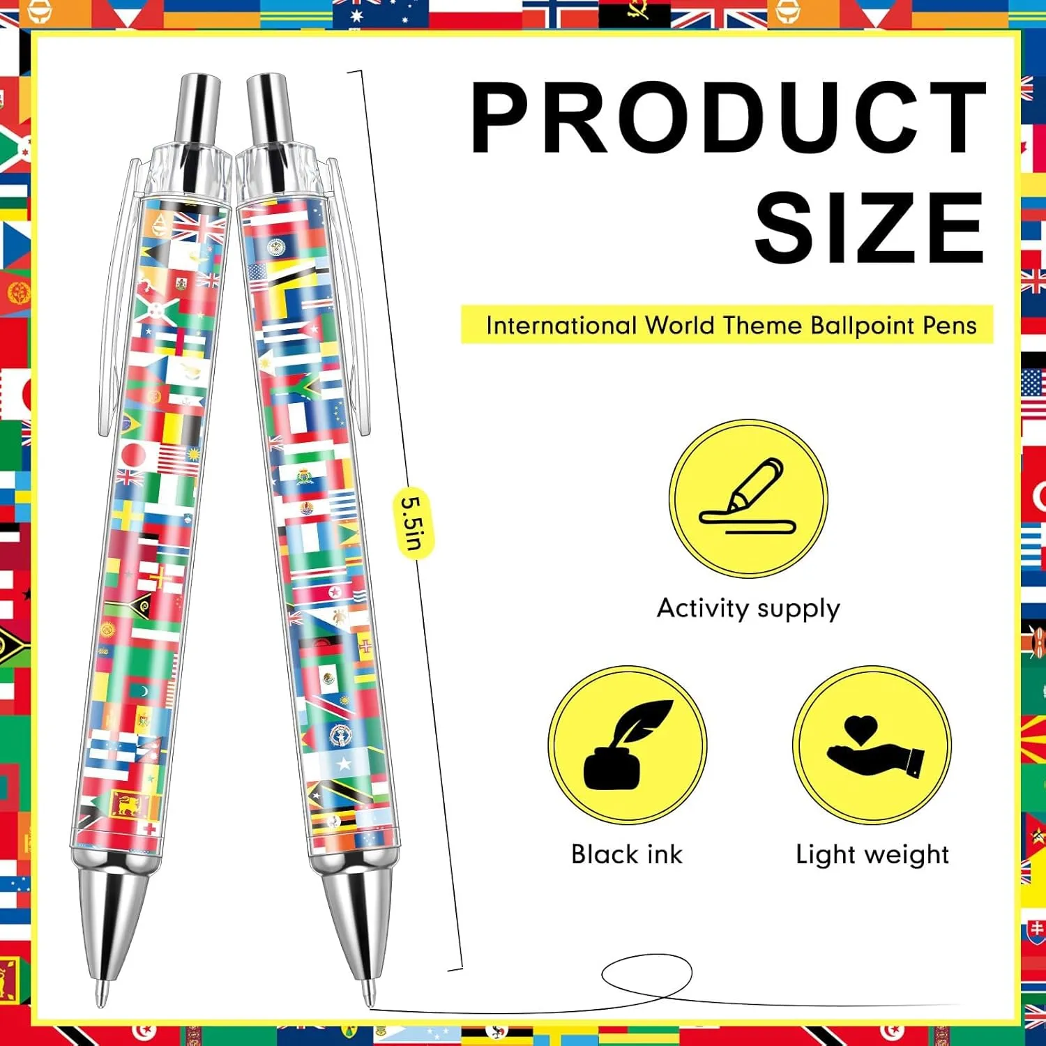 Janlaugh 20 Pcs International Flag Pens World Ballpoint Retractable Country Flags Pens Bulk Multicultural Party Favors Decoration Gift for Sports Events Home Office Supplies