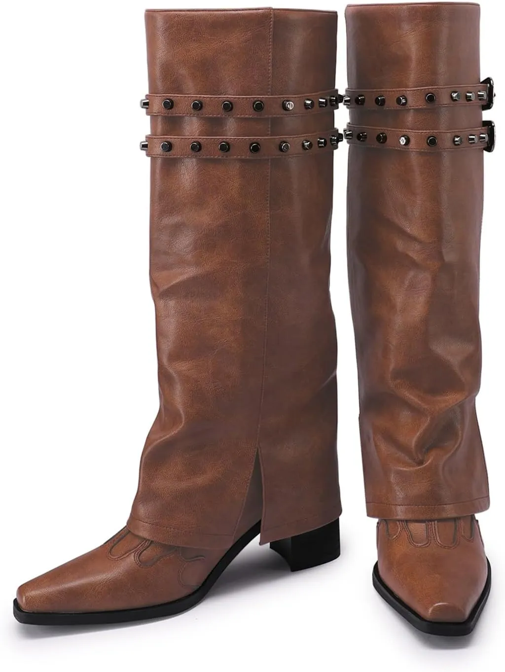JANSEVEN Fold Over Boots for Women Overlay Knee High Boot Chunky Block Mid Heel Pull On Tall Boots Foldover Wide calf Boots