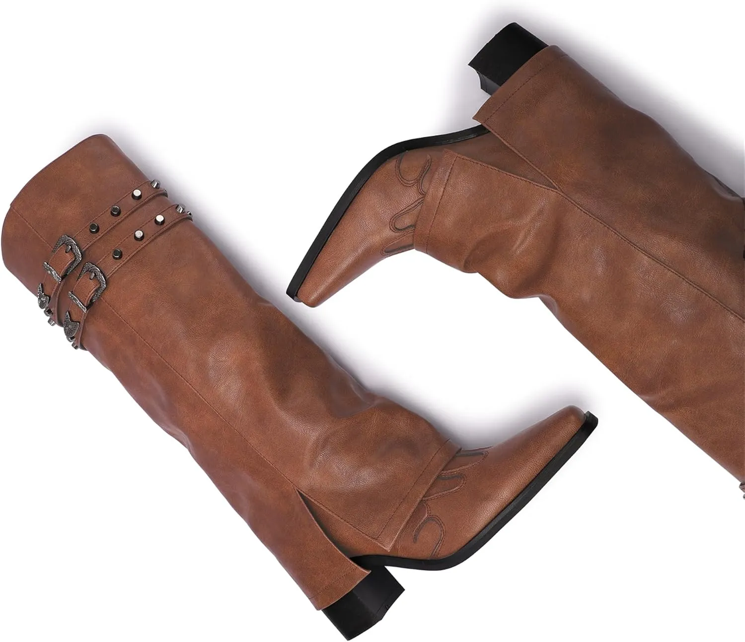 JANSEVEN Fold Over Boots for Women Overlay Knee High Boot Chunky Block Mid Heel Pull On Tall Boots Foldover Wide calf Boots
