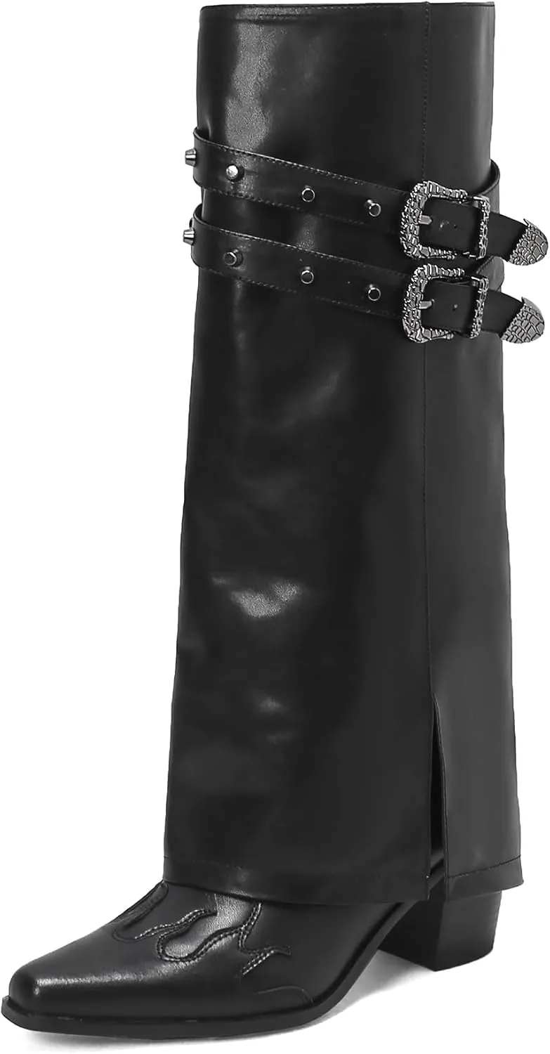 JANSEVEN Fold Over Boots for Women Overlay Knee High Boot Chunky Block Mid Heel Pull On Tall Boots Foldover Wide calf Boots