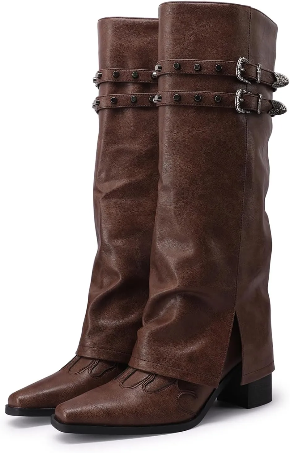 JANSEVEN Fold Over Boots for Women Overlay Knee High Boot Chunky Block Mid Heel Pull On Tall Boots Foldover Wide calf Boots