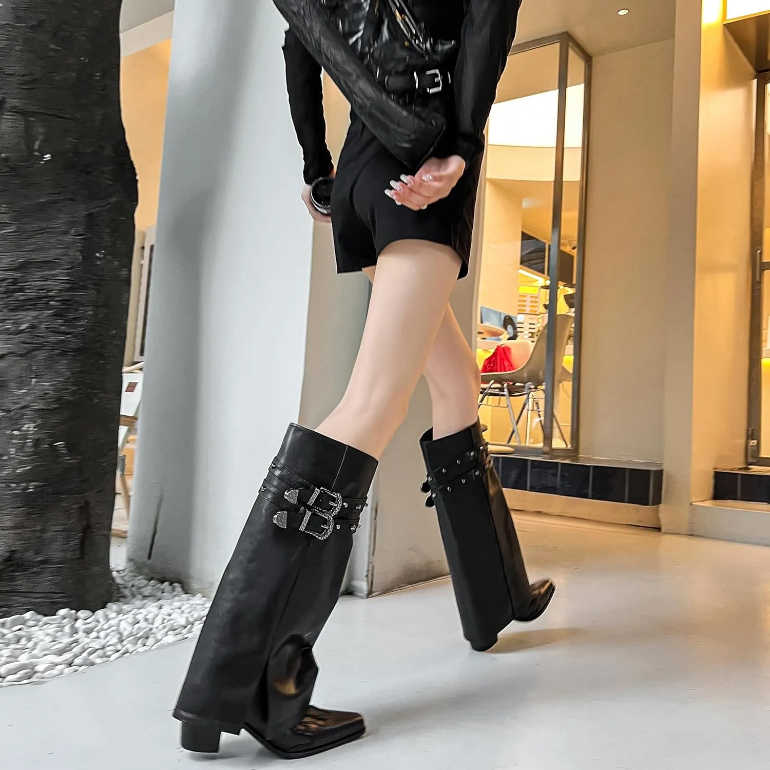 JANSEVEN Fold Over Boots for Women Overlay Knee High Boot Chunky Block Mid Heel Pull On Tall Boots Foldover Wide calf Boots