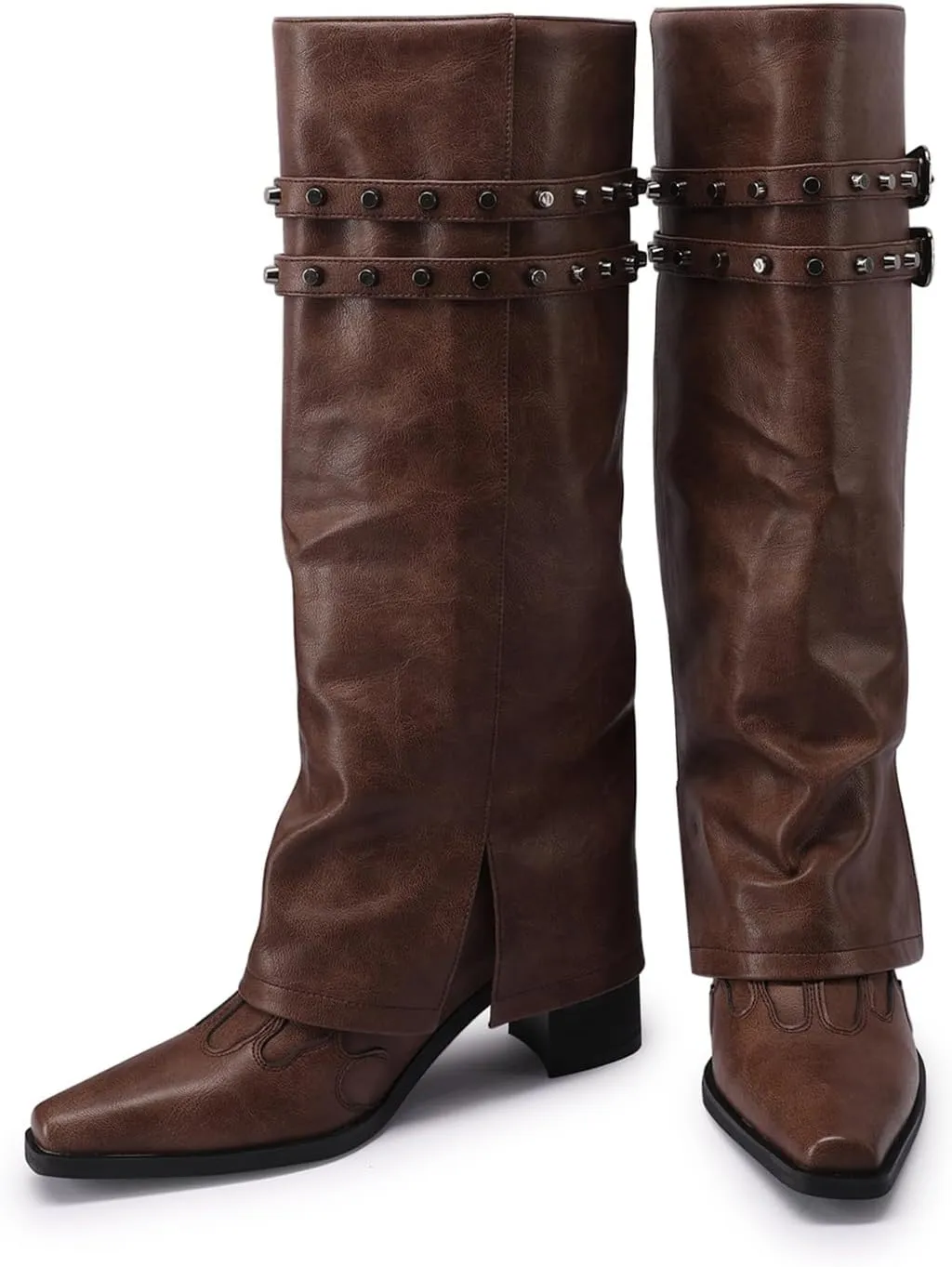 JANSEVEN Fold Over Boots for Women Overlay Knee High Boot Chunky Block Mid Heel Pull On Tall Boots Foldover Wide calf Boots