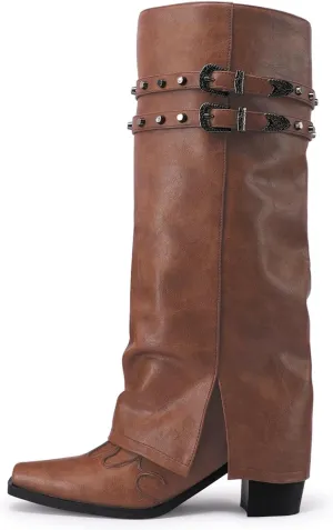 JANSEVEN Fold Over Boots for Women Overlay Knee High Boot Chunky Block Mid Heel Pull On Tall Boots Foldover Wide calf Boots