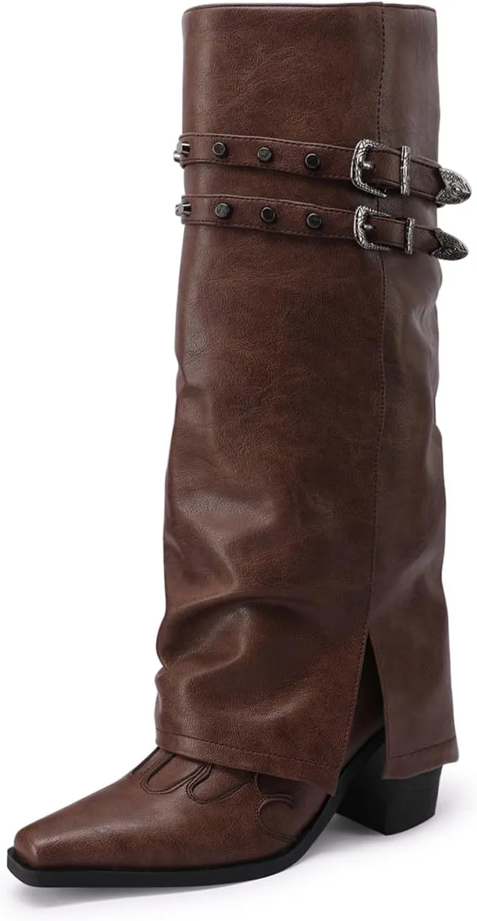 JANSEVEN Fold Over Boots for Women Overlay Knee High Boot Chunky Block Mid Heel Pull On Tall Boots Foldover Wide calf Boots