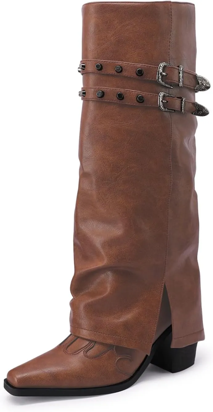 JANSEVEN Fold Over Boots for Women Overlay Knee High Boot Chunky Block Mid Heel Pull On Tall Boots Foldover Wide calf Boots