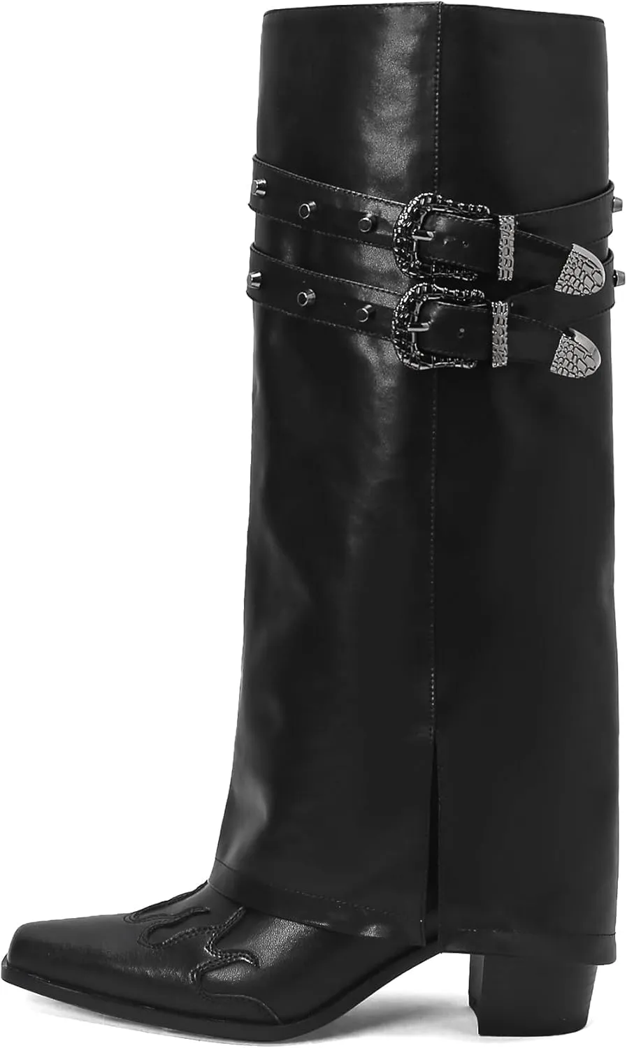 JANSEVEN Fold Over Boots for Women Overlay Knee High Boot Chunky Block Mid Heel Pull On Tall Boots Foldover Wide calf Boots