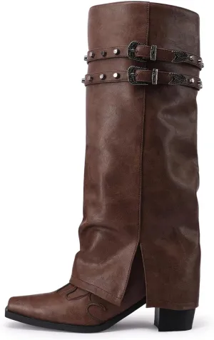 JANSEVEN Fold Over Boots for Women Overlay Knee High Boot Chunky Block Mid Heel Pull On Tall Boots Foldover Wide calf Boots