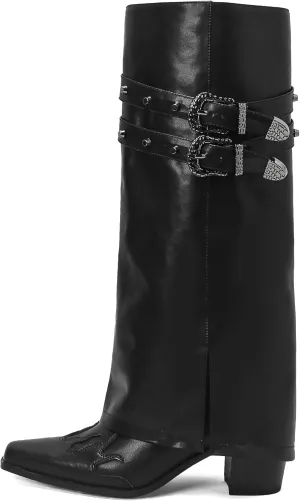 JANSEVEN Fold Over Boots for Women Overlay Knee High Boot Chunky Block Mid Heel Pull On Tall Boots Foldover Wide calf Boots