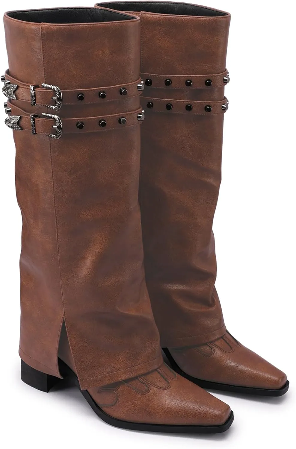 JANSEVEN Fold Over Boots for Women Overlay Knee High Boot Chunky Block Mid Heel Pull On Tall Boots Foldover Wide calf Boots