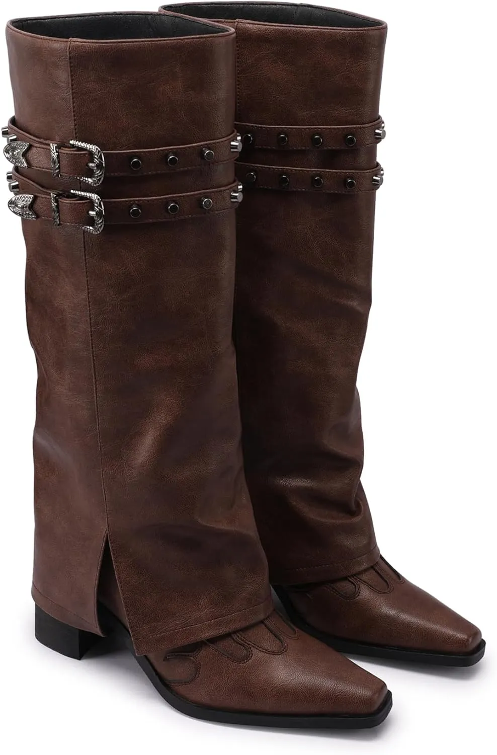 JANSEVEN Fold Over Boots for Women Overlay Knee High Boot Chunky Block Mid Heel Pull On Tall Boots Foldover Wide calf Boots