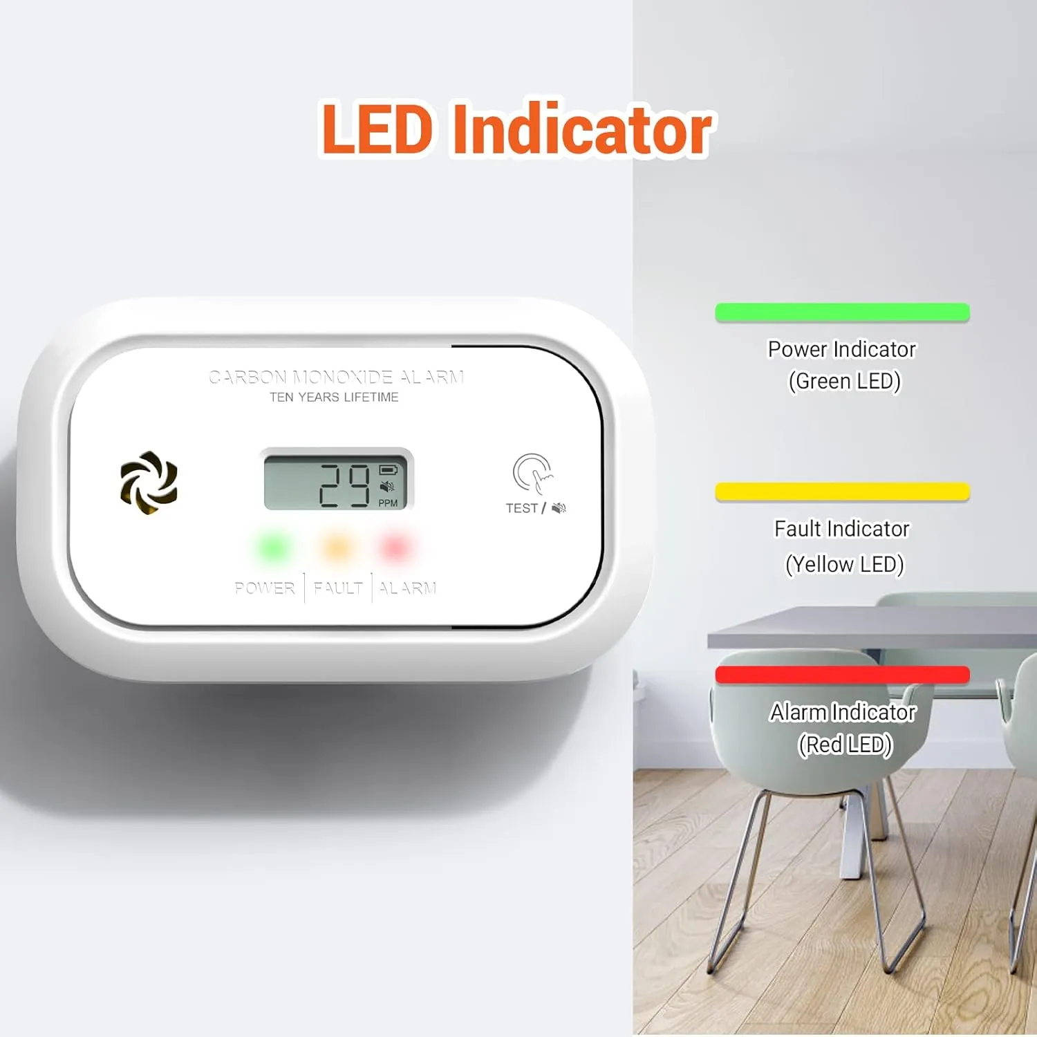 Jemay Carbon Monoxide Detector Alarm, CO Detector with Digital LCD Display, Replaceable Battery Carbon Monoxide Detectors for Home and Depot, 3 LED Lights Carbon Monoxide Alarm, 1-Pack