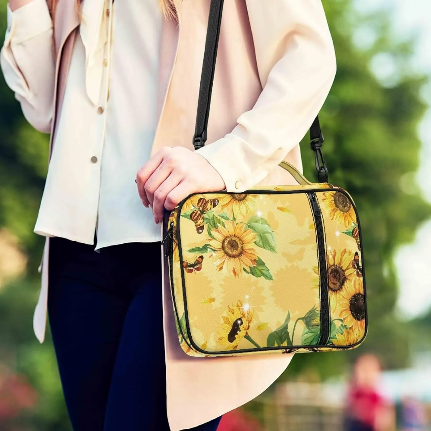 Jiquruby Sunflower Butterfly Bible Cover for Women Bible Book Cover Bible Case with Pen Slots Portable Bible Carrier Crossbody Handbags with Adjustable Shoulder Strap Bible Study Accessories
