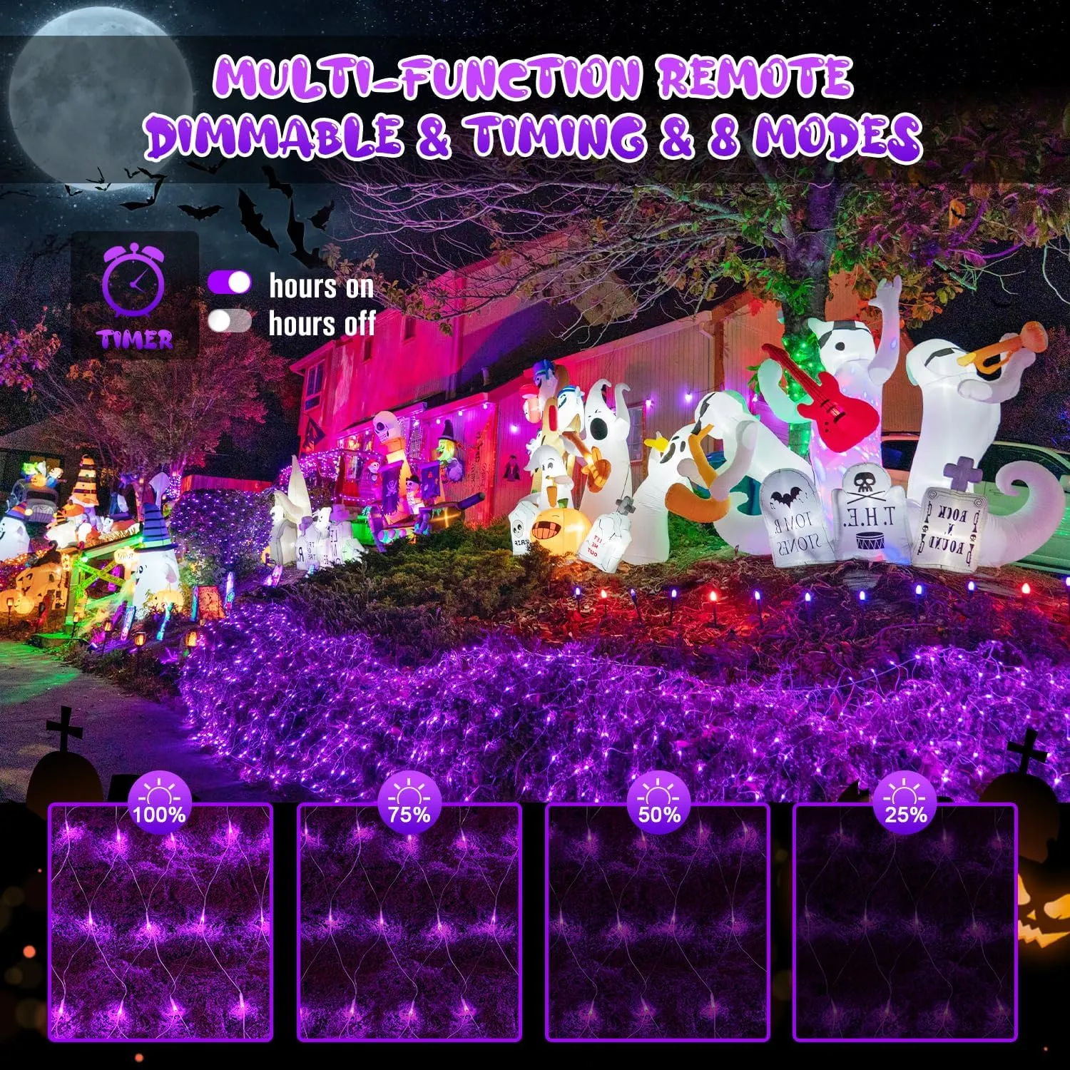 JMEXSUSS 200 LED Purple Halloween Net Lights, 9.8ft x 6.6ft Connectable Bush Lights With Remote, 8 Modes Plug-in Outdoor Mesh Waterproof for Tree, Yard, Fence Decoration