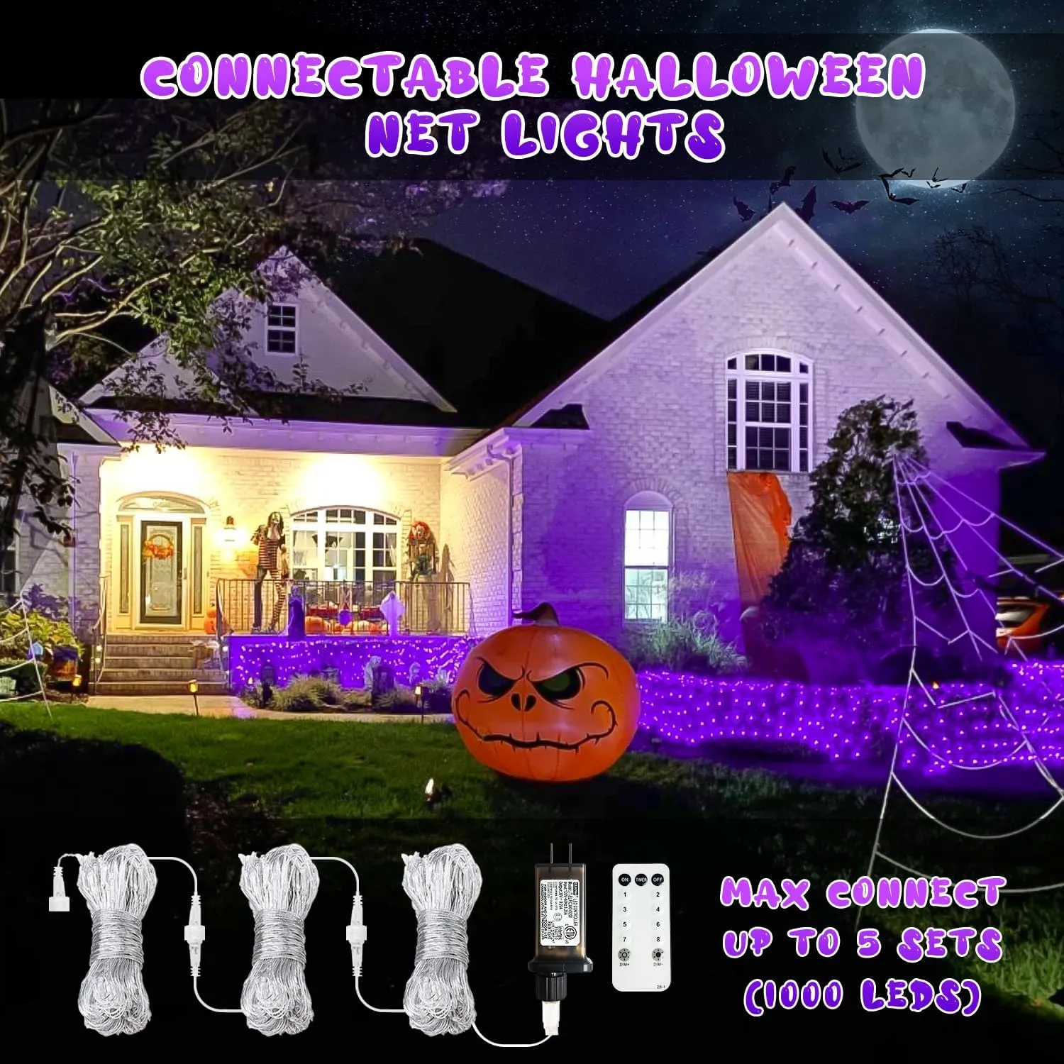 JMEXSUSS 200 LED Purple Halloween Net Lights, 9.8ft x 6.6ft Connectable Bush Lights With Remote, 8 Modes Plug-in Outdoor Mesh Waterproof for Tree, Yard, Fence Decoration