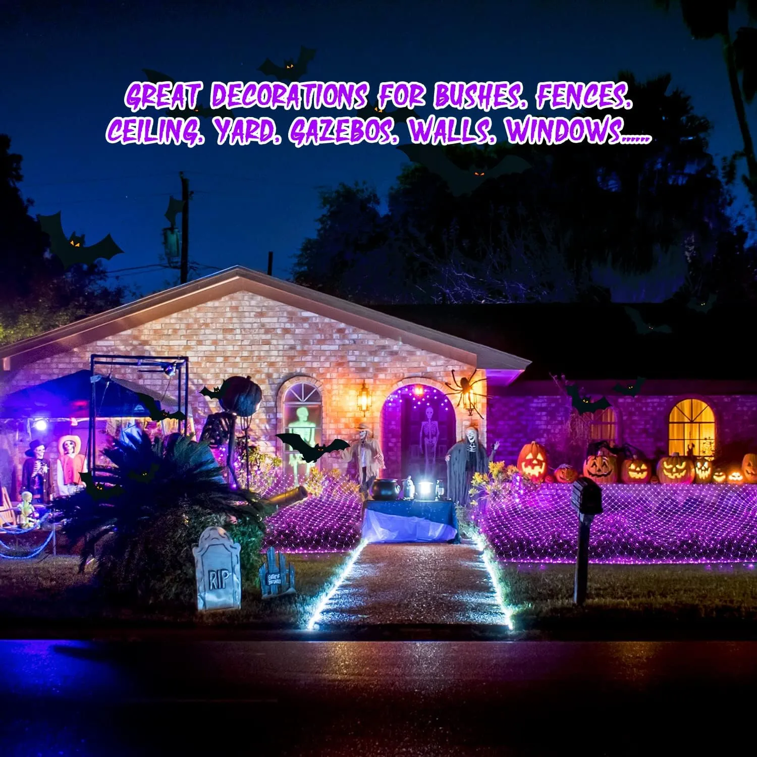 JMEXSUSS 200 LED Purple Halloween Net Lights, 9.8ft x 6.6ft Connectable Bush Lights With Remote, 8 Modes Plug-in Outdoor Mesh Waterproof for Tree, Yard, Fence Decoration