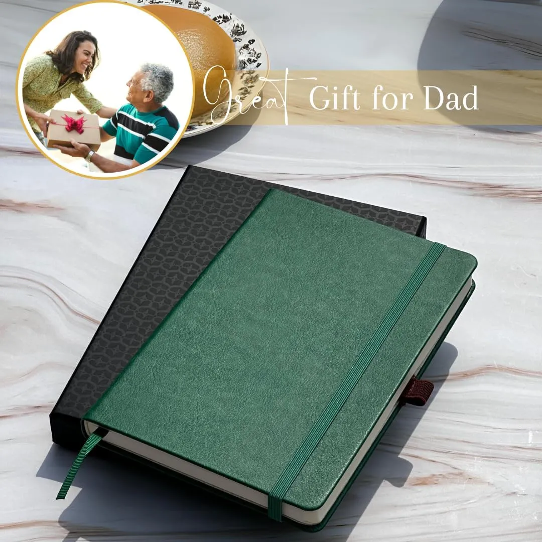 Journal Notebook for Writing, Vegan Leather Hardcover Notebook - Pen loop, Back Pockets & Lay-Flat design, 120 GSM A5 College ruled Bleed free Paper, Gift Set for Men and Women, Emerald Green - Father's Day Gift