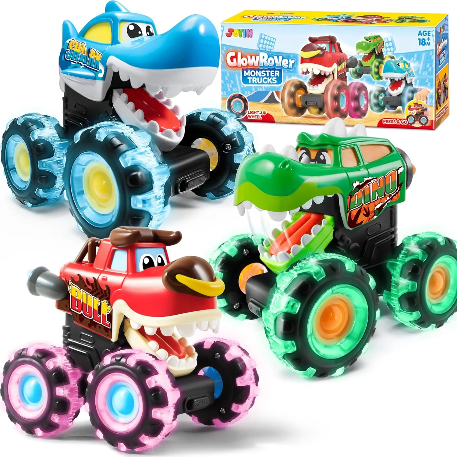 JOYIN 3 Pack Monster Truck Toy - Motion Activated Light-Up Cars for Toddlers - Monster Treads Lightning Wheels - Baby Toy Present - Press & Go Cars for Boys Girls Birthday Gifts Easter Basket Stuffer