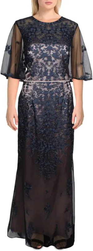 JS COLLECTION Womens Navy Embroidered Zippered Elbow Bell-Sleeve Lace Floral Short Sleeve Jewel Neck Maxi Evening Dress 14
