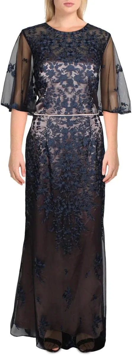 JS COLLECTION Womens Navy Embroidered Zippered Elbow Bell-Sleeve Lace Floral Short Sleeve Jewel Neck Maxi Evening Dress 14