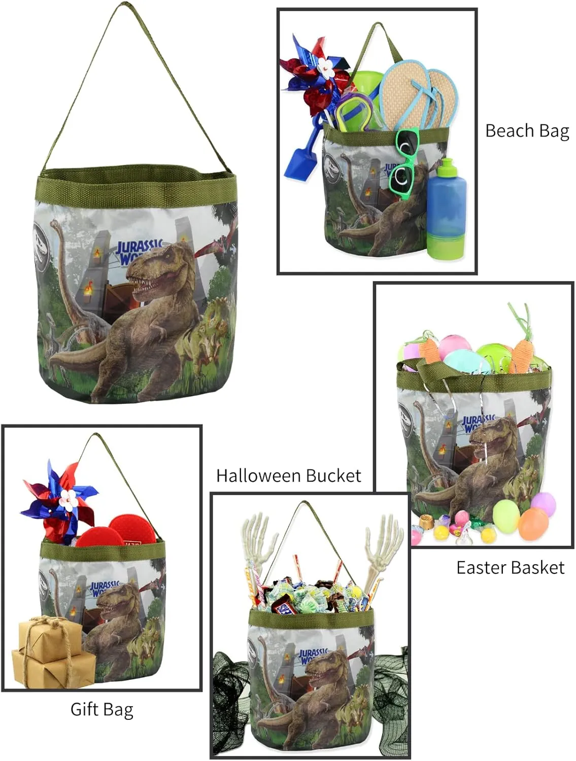 Jurassic World Dinosaurs Collapsible Nylon Basket Bucket Tote Bag