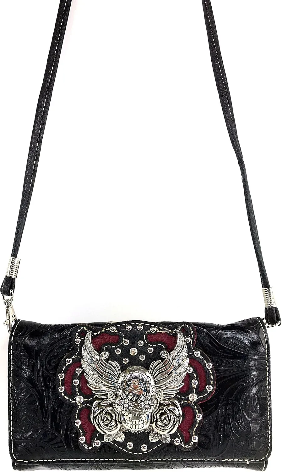 Justin West Tooled Winged Sugar Skull Roses Laser Cut Wristlet Trifold Wallet Attachable Long Strap