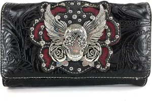 Justin West Tooled Winged Sugar Skull Roses Laser Cut Wristlet Trifold Wallet Attachable Long Strap