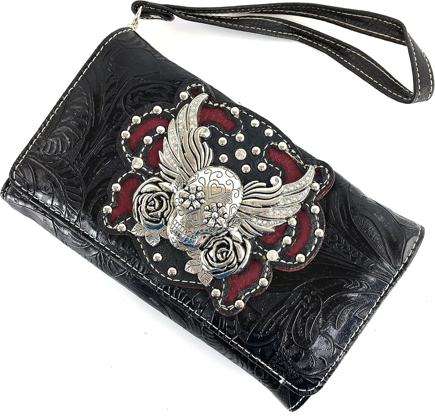 Justin West Tooled Winged Sugar Skull Roses Laser Cut Wristlet Trifold Wallet Attachable Long Strap