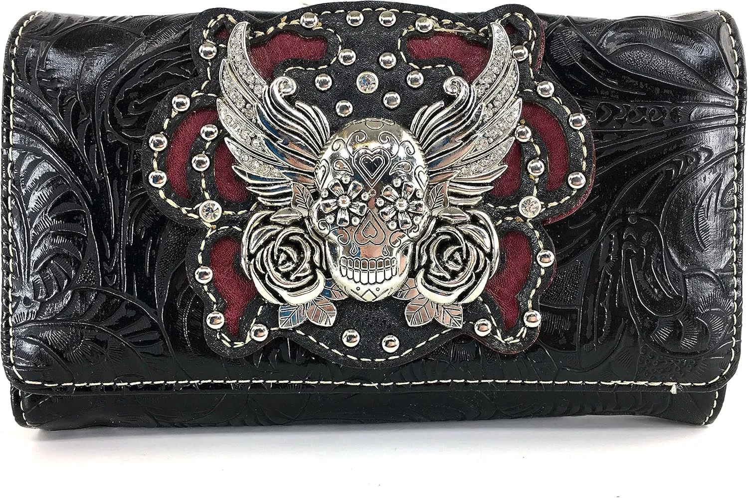Justin West Tooled Winged Sugar Skull Roses Laser Cut Wristlet Trifold Wallet Attachable Long Strap