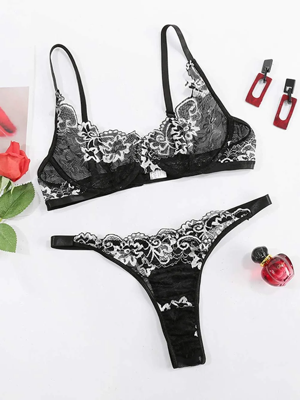 Kaei&Shi Sexy Bra And Panty Sets,Embroidered Two Piece Underwire Lingerie Set