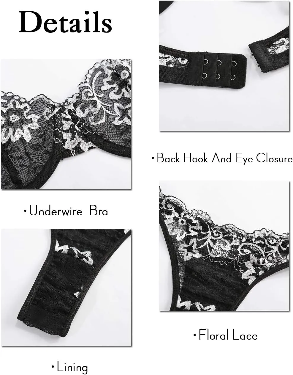 Kaei&Shi Sexy Bra And Panty Sets,Embroidered Two Piece Underwire Lingerie Set
