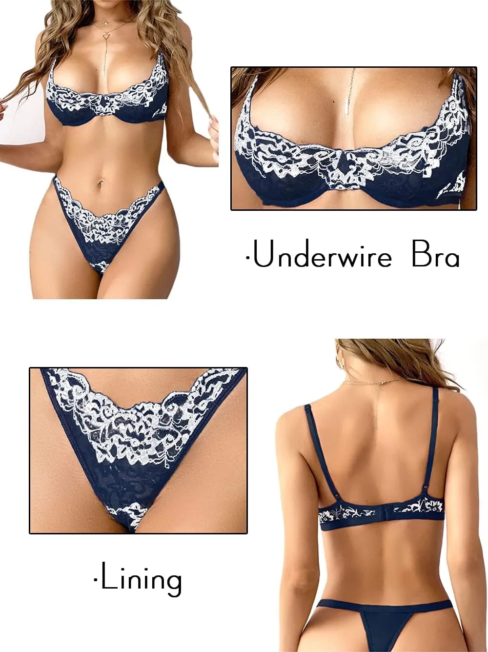 Kaei&Shi Sexy Bra And Panty Sets,Embroidered Two Piece Underwire Lingerie Set