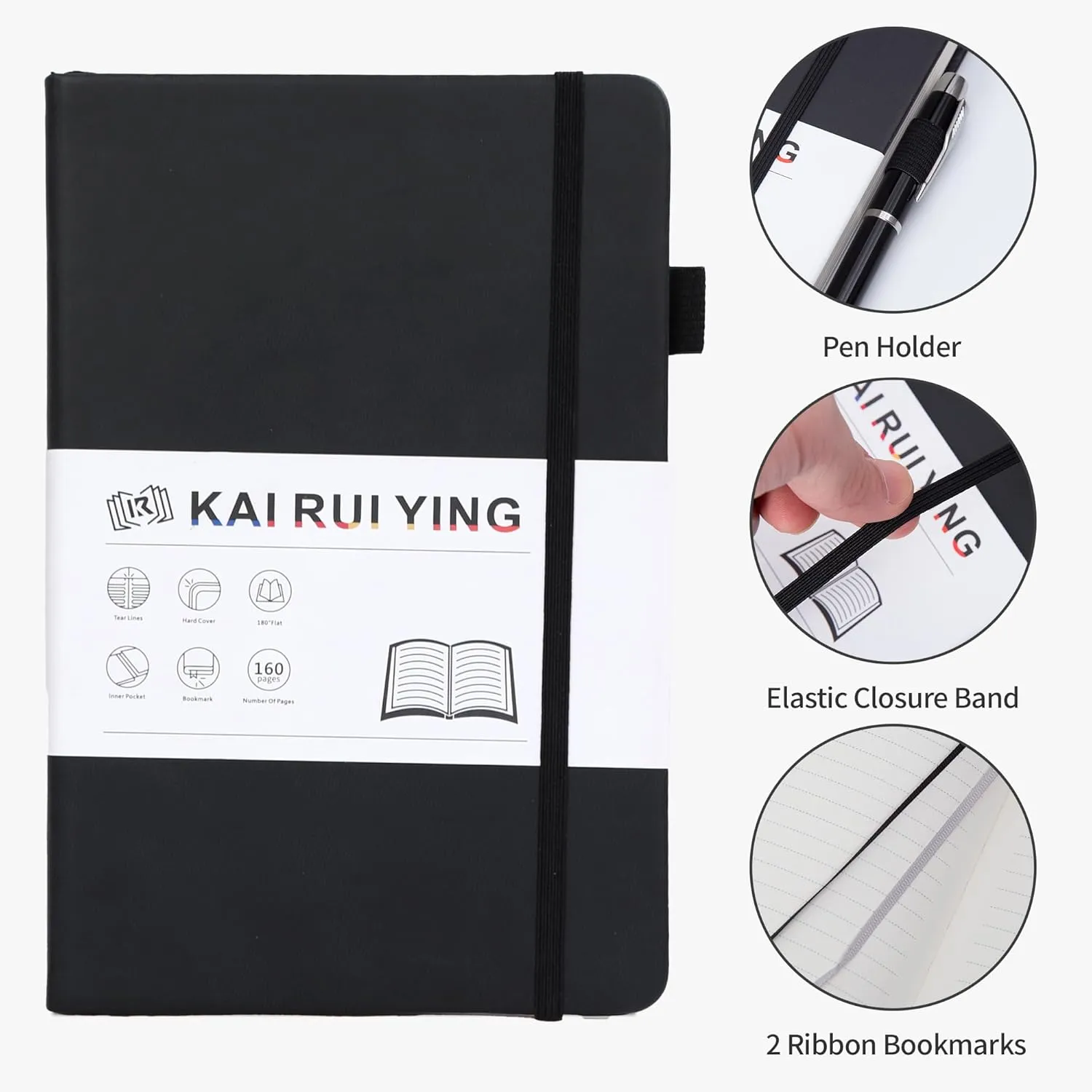KaiRuiYing Lined Journal Notebook with Pen Holder, 160 Pages, 5.5'' × 8.6'' Medium Size A5-100 GSM Thick Paper, for Writing, Work, Office, Leather Hardcover