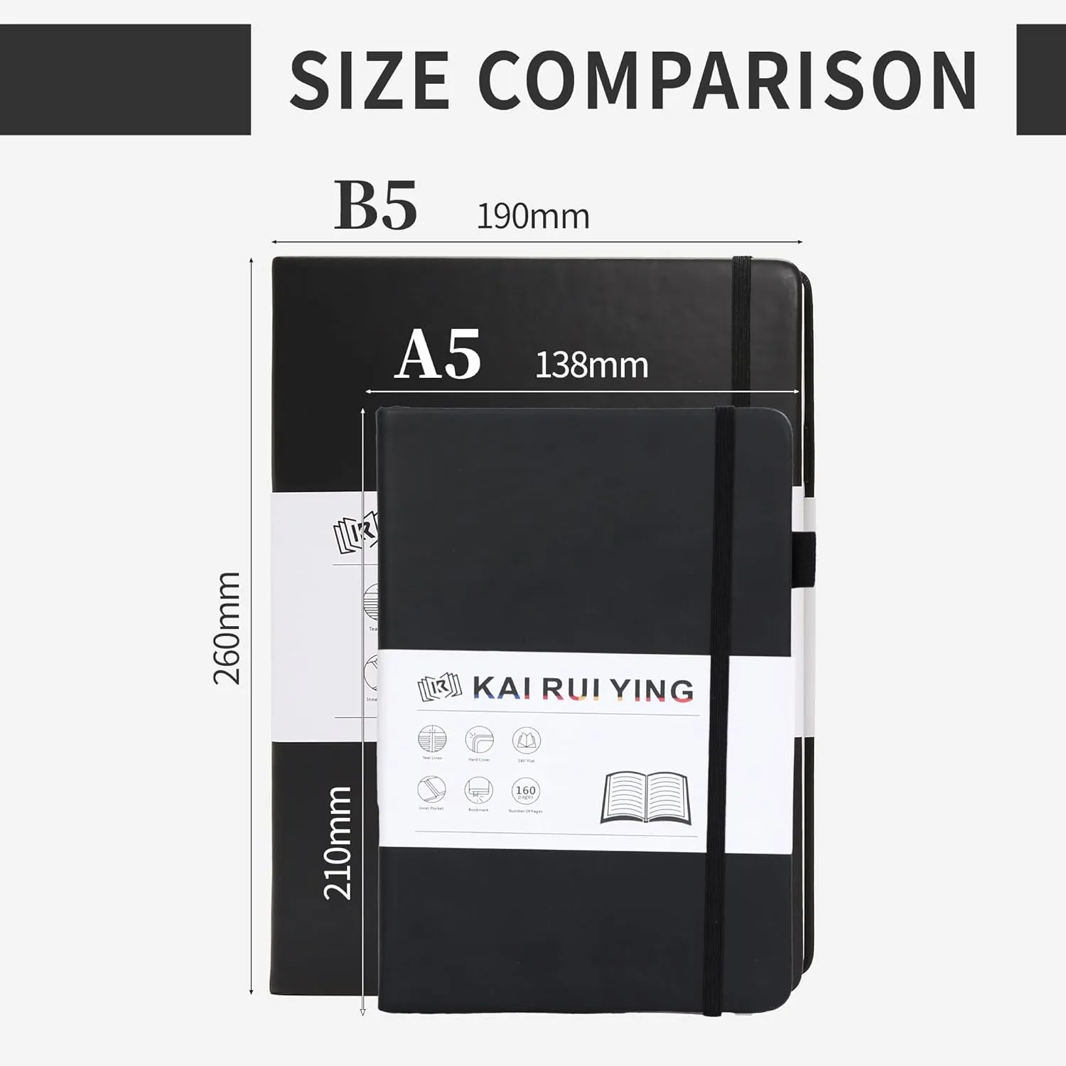 KaiRuiYing Lined Journal Notebook with Pen Holder, 160 Pages, 5.5'' × 8.6'' Medium Size A5-100 GSM Thick Paper, for Writing, Work, Office, Leather Hardcover