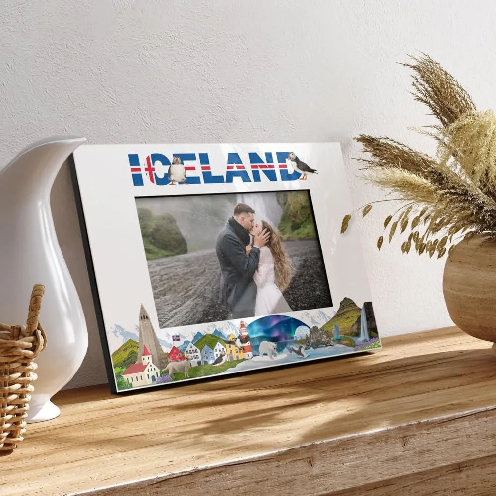 KATE POSH Stunning Iceland-Themed, Iceland Northern Lights UV Gloss Wooden Picture Frame – Perfect for Your Travel Memories (5x7-Horizontal)