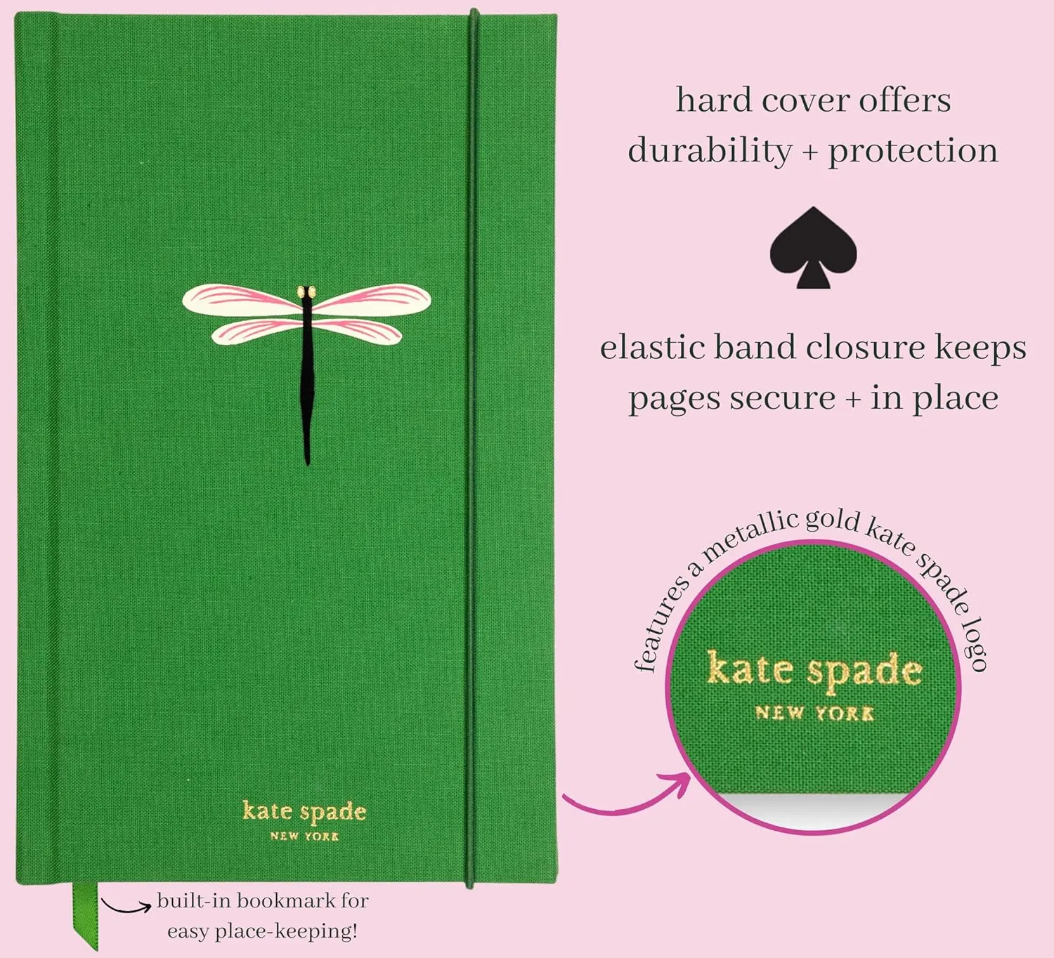 Kate Spade New York Take Note Large Notebook Journal, Green Cloth Hardcover Journal, Diary Includes 168 Lined Pages, Dragonfly Flight