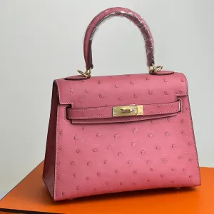 KELLY BAG 20 IN ROUGE PINK OSTRICH LEATHER WITH GOLD HARDWARE