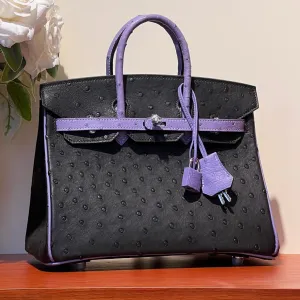 KELLY  SELLIER 25 BAG IN BLACK MIX AMETHYST PURPLE OSTRICH LEATHER