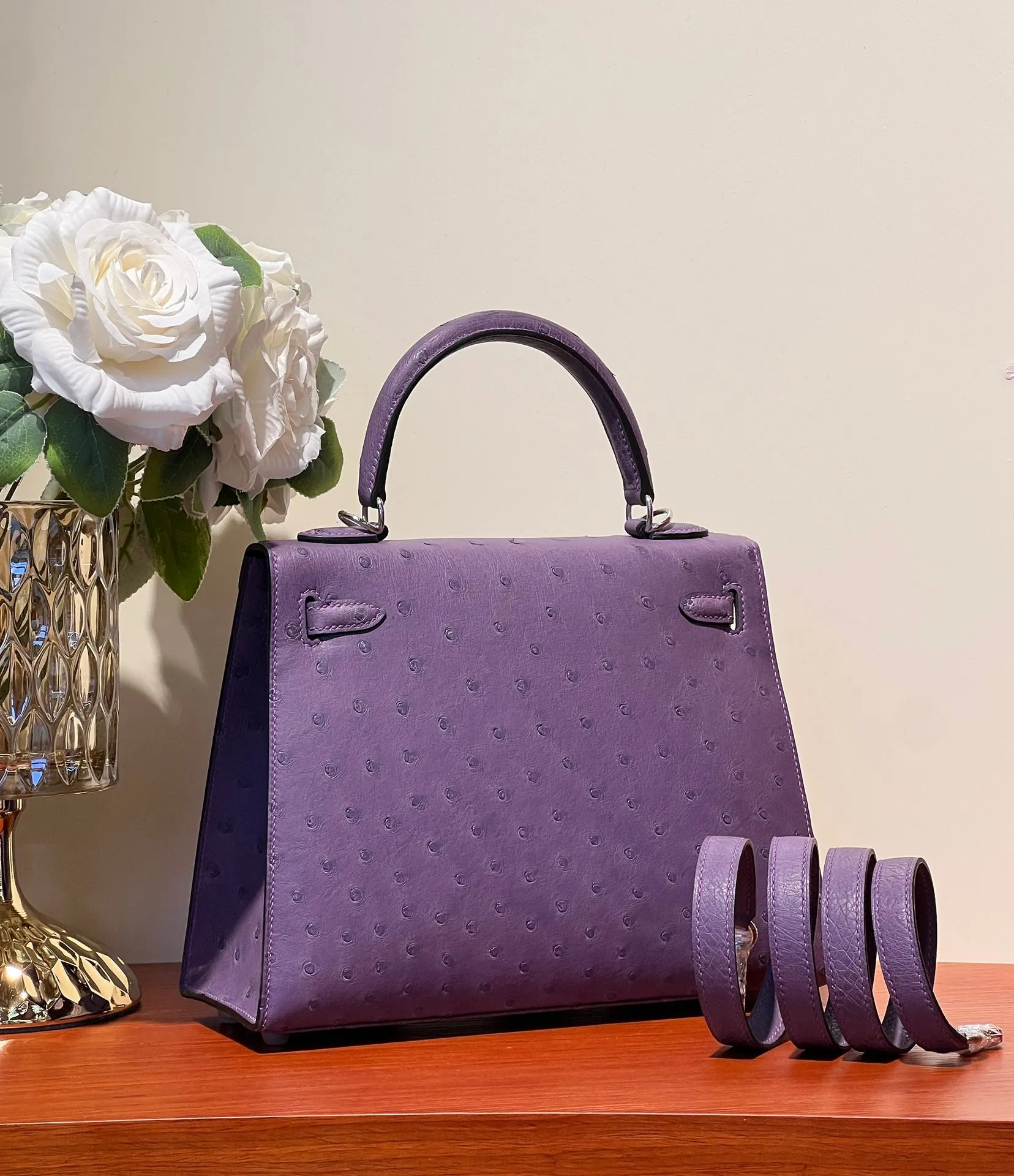 KELLY SELLIER 25 BAG IN ROYAL PURPLE OSTRICH LEATHER WITH SILVER HARDWARE