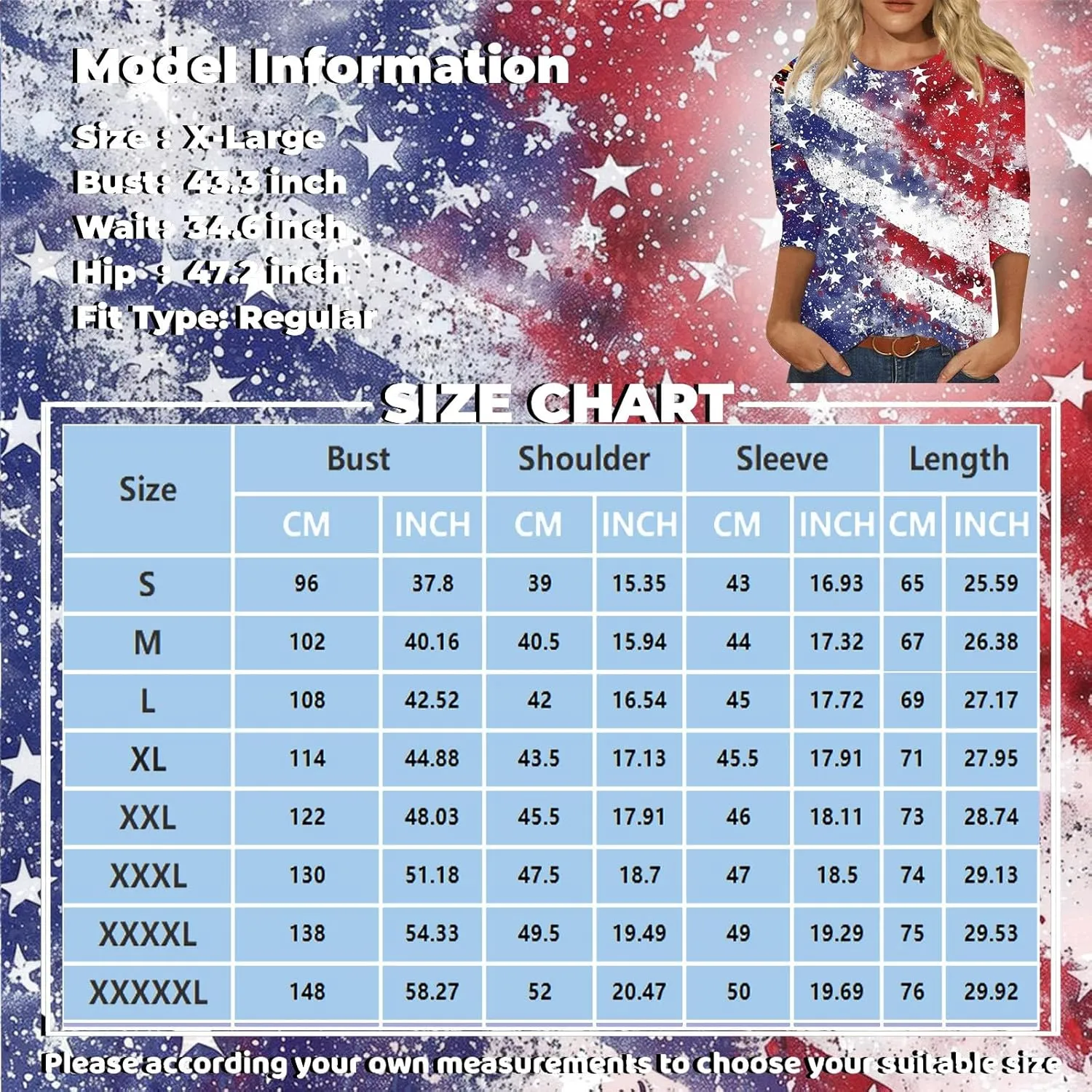 KIKX0DE 4Th of July Shirts Women 3/4 Sleeve Crewneck Cute Shirts Casual Print Three Quarter Length T Shirt