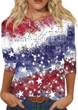 KIKX0DE 4Th of July Shirts Women 3/4 Sleeve Crewneck Cute Shirts Casual Print Three Quarter Length T Shirt