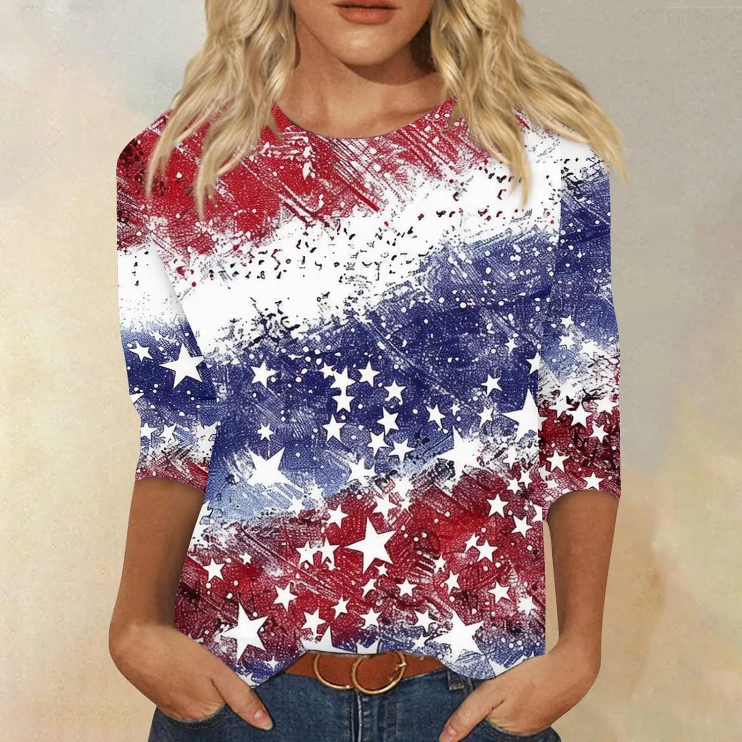KIKX0DE 4Th of July Shirts Women 3/4 Sleeve Crewneck Cute Shirts Casual Print Three Quarter Length T Shirt