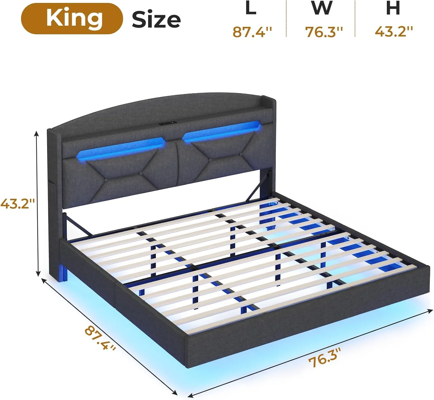 King Size Floating Bed Frame with Power Outlet, Storage Headboard with Hidden Cubby, RGB Floating Platform Bed with LED Lights, No Box Spring Needed, Quick Setup System, Dark Grey