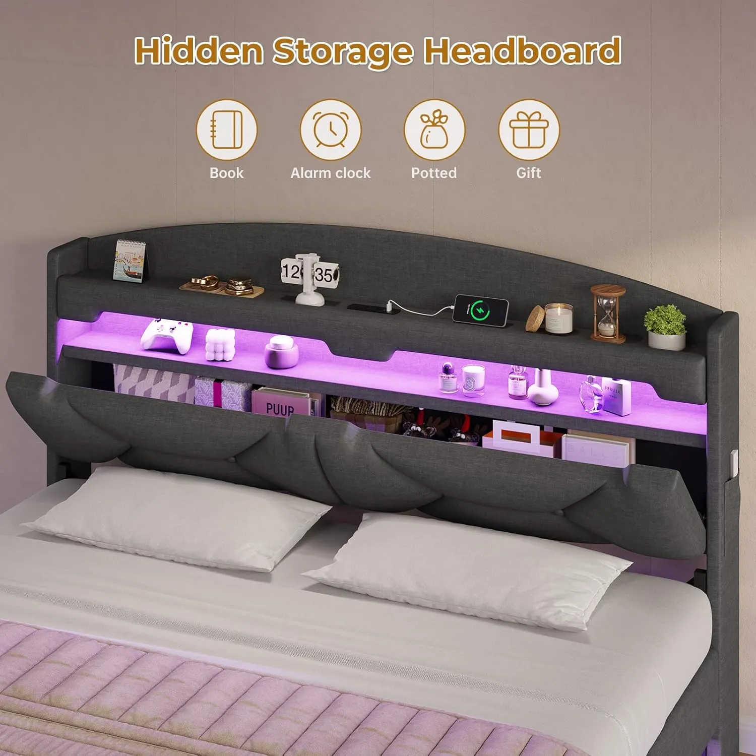 King Size Floating Bed Frame with Power Outlet, Storage Headboard with Hidden Cubby, RGB Floating Platform Bed with LED Lights, No Box Spring Needed, Quick Setup System, Dark Grey
