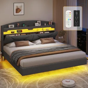 King Size Floating Bed Frame with Power Outlet, Storage Headboard with Hidden Cubby, RGB Floating Platform Bed with LED Lights, No Box Spring Needed, Quick Setup System, Dark Grey
