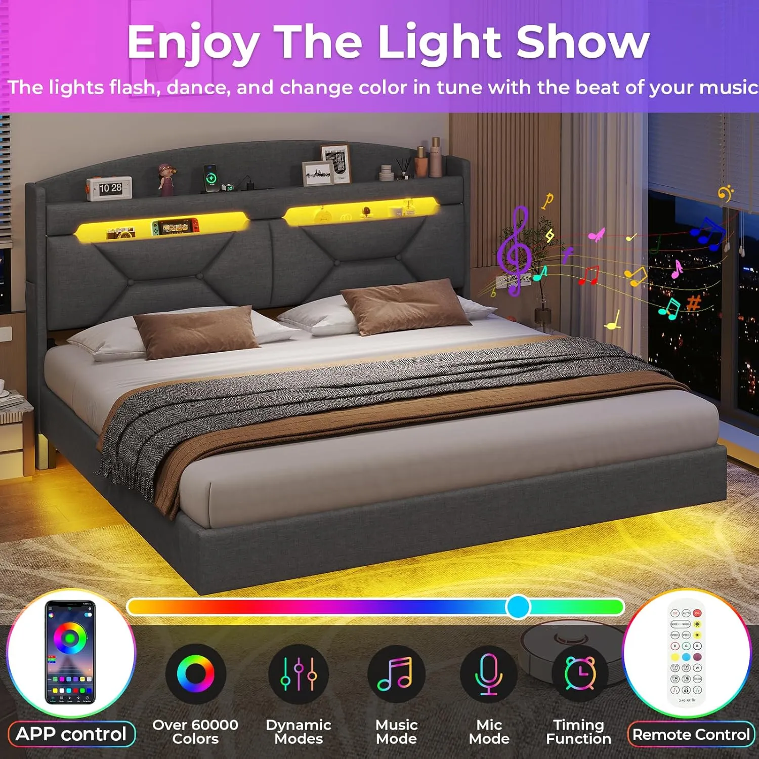 King Size Floating Bed Frame with Power Outlet, Storage Headboard with Hidden Cubby, RGB Floating Platform Bed with LED Lights, No Box Spring Needed, Quick Setup System, Dark Grey